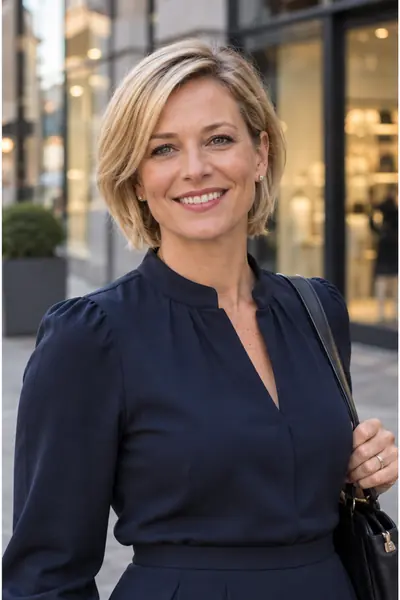 Frau vor einem Café in der Stadt